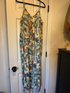 Tie-Dye Slip Maxi Dress in Teal & Rust